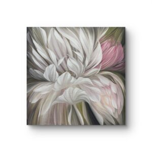 Original oil painting "Silence in Bloom" by Ilze Elizabete Romančenko – soft-toned abstract floral artwork expressing calm, femininity, and inner peace. Oriģināla eļļas glezna “Ziedošais klusums” – maigos toņos veidots abstrakts ziedu motīvs, kas pauž mieru, sievišķību un iekšējo gaismu.